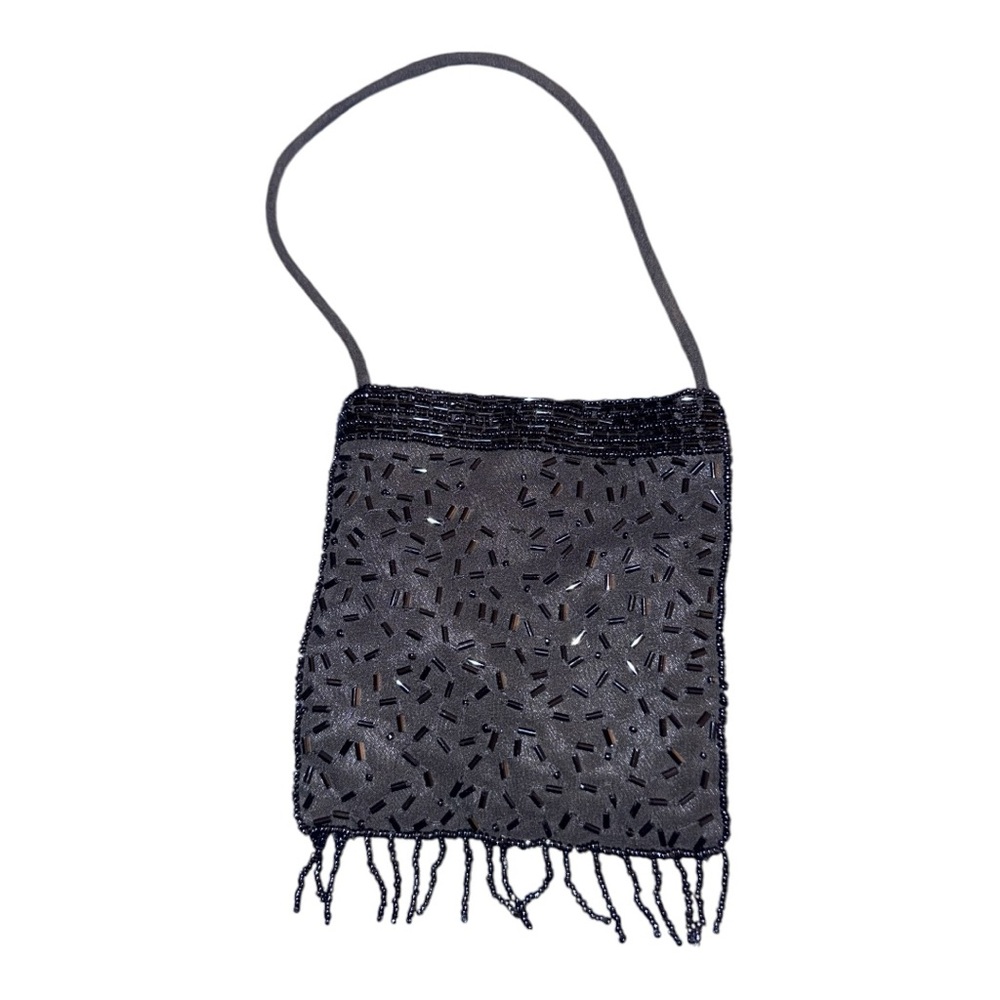 Handmade Beaded Mini Purse - Black Fringe + Magnetic Snap Vintage Boho Wristlet